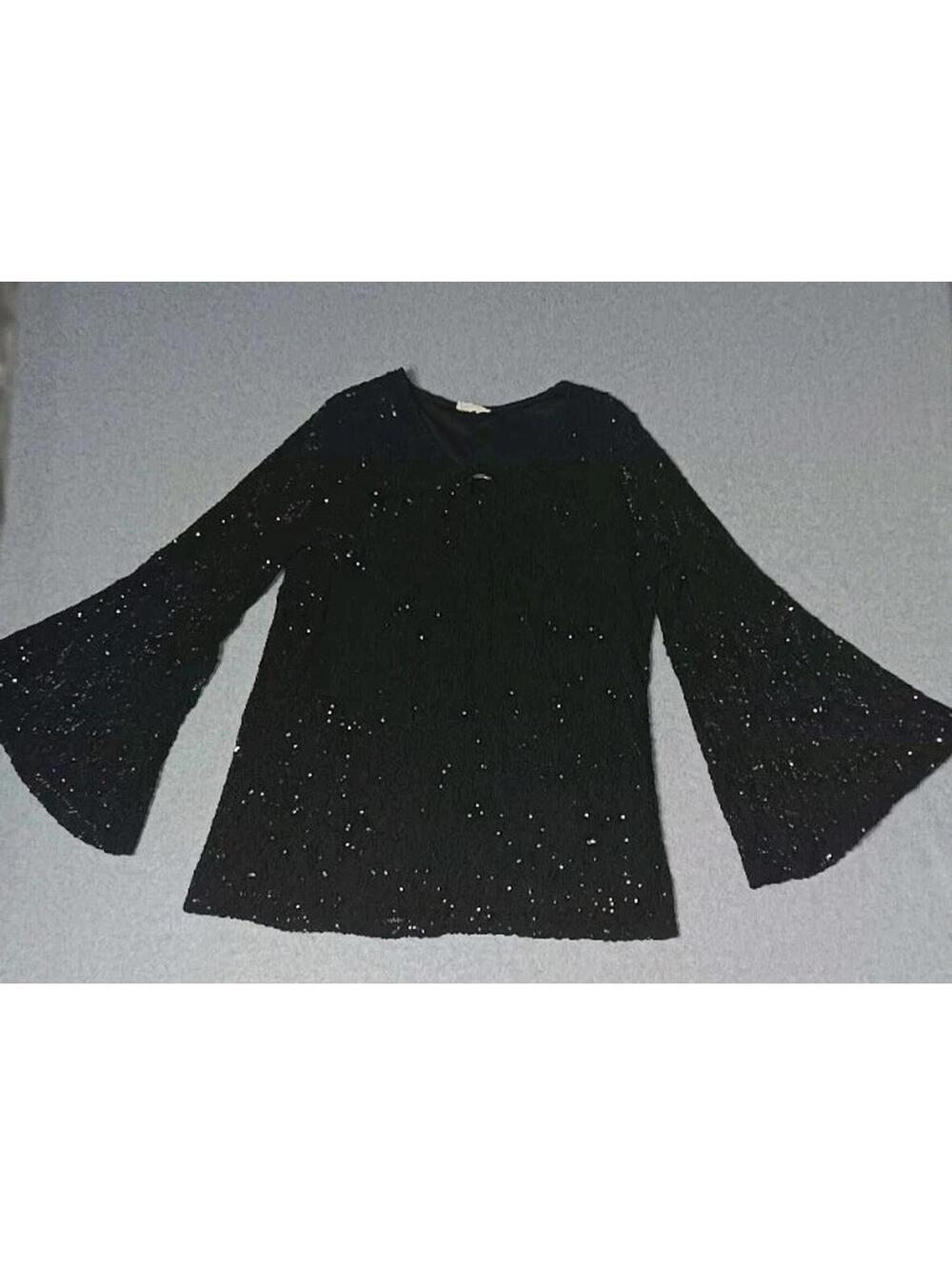 Brittany Black Long Bell Sleeve Lace Blouse Womens Size Medium Black Sequin...
